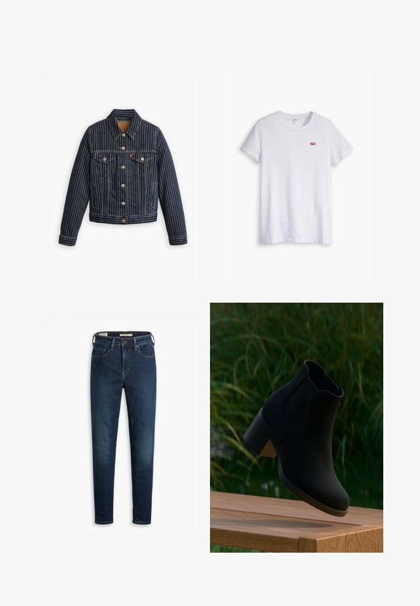 Blå denimjakke med hvide lodrette striber, knapfront, to brystlommer og en krave. Syninger synlige langs sømmene.; Hvid bomulds t-shirt med korte ærmer og rund halsudskæring. Har et lille rødt Levi's-logo på venstre brystområde.; Mørkeblå denim jeans med slim fit, der har fem lommer, standard knaplukning og diskrete slidser foran.; Sort ankelstøvle med blokhæle svævende over en træbænk, med grønt græs i baggrunden.