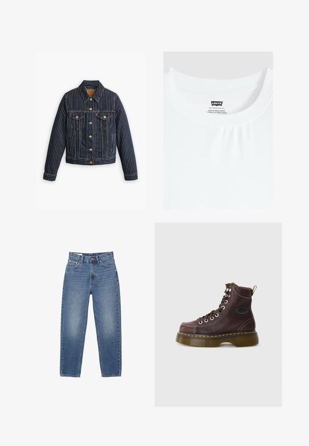 Blauwe denimjack met witte verticale strepen, knoopsluiting aan de voorkant, twee borstzakken en een kraag. Stiksels zichtbaar langs de naden.; Wit t-shirt met ronde hals met het Levi's merkje aan de binnenkant van de kraag genaaid, gemaakt in Bangladesh.; Blauwe spijkerbroek met rechte pijpen, vijfzakkenmodel en zichtbare stikseldetails op een witte achtergrond.; Bruine leren enkelboot met een gestructureerd oppervlak, zilveren ogen en gele stiksels. Voorzien van een stevige doorzichtige zool en een trekband.