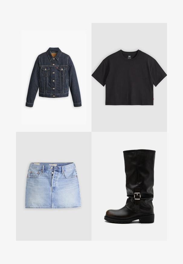 Veste en denim bleu avec des rayures verticales blanches, fermé par des boutons, deux poches poitrine et un col. Couture visible le long des coutures.; T-shirt noir court à manches courtes avec col rond et petite étiquette rouge Levi's sur la couture latérale, posé à plat sur un fond gris clair.; Mini-jupe en denim bleu clair avec fermeture à boutons devant, passants de ceinture et deux poches avant sur un fond uni clair.; Botte haute en cuir noir avec bout arrondi, talon bas, bride à boucle latérale et tige légèrement relâchée sur fond blanc.