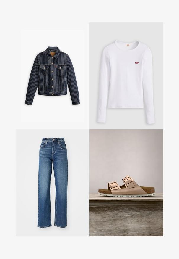Blaue Jeansjacke mit weißen vertikalen Streifen, Knopfverschluss, zwei Brusttaschen und einem Kragen. Nähte sichtbar entlang der Säume.; Weißes Levi's Langarmshirt mit Rundhalsausschnitt und kleinem rotem Levi's Logo auf der linken Brust, dargestellt vor einfarbigem Hintergrund.; Hochgeschnittene, weite Jeans aus blauer Denim. Verfügt über fünf Taschen, einen Knopfverschluss und dezente Verblassungen über den Stoff.; Roségoldene Rutsch-Sandalen mit zwei verstellbaren Metall-Schnallen, Kork-Fußbett und weißer Gummisohle. Glatte metallische Oberfläche, offene Zehenspitze.