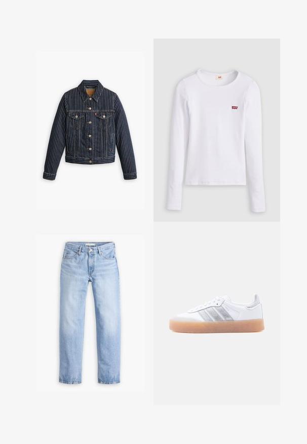 Blauwe denimjack met witte verticale strepen, knoopsluiting aan de voorkant, twee borstzakken en een kraag. Stiksels zichtbaar langs de naden.; Wit Levi's shirt met lange mouwen, ronde hals en klein rood Levi's-logo op de linkerborst, afgebeeld op een effen achtergrond.; Lichtblauwe denim jeans met een rechte pijp, vijf zakken en een middelhoge taille. Heeft een vervaagde textuur en een gestikte zoom.; Witte lage sneaker met gumzool, zilverkleurige gestreepte zijkanten en veterluiting, afgebeeld tegen een effen lichte achtergrond.