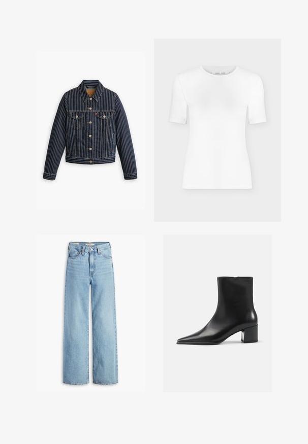 Blaue Jeansjacke mit weißen vertikalen Streifen, Knopfverschluss, zwei Brusttaschen und einem Kragen. Nähte sichtbar entlang der Säume.; Weißes T-Shirt mit kurzen Ärmeln und Rundhalsausschnitt, schlanker Passform und gerippter Stoffstruktur, dargestellt vor einem schlichten hellgrauen Hintergrund.; Hochgeschnittene, hellblaue Schlagjeans mit Frontknopf und Reißverschluss, Gürtelschlaufen und fünf Taschen.; Schwarze Lederschnürstiefelette mit spitzer Zehenform, glatter Textur und mittelhohem Blockabsatz. Minimalistisches Design, Reißverschluss hinten.