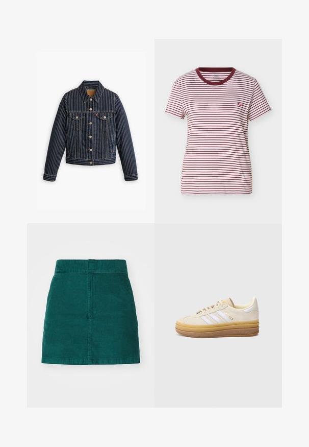 Blå denimjakke med hvide lodrette striber, knapfront, to brystlommer og en krave. Syninger synlige langs sømmene.; Kortærmet T-shirt med rund hals, horisontale hvide og mørkerøde striber samt et lille rødt Levi's-logo på venstre bryst.; Grønne fløjl mini nederdel med lige snit, med høj talje og lodret ribbet tekstur, afsluttet med rene kanter.; Beige ruskindssneaker med tre hvide striber, en struktureret tanfarvet sål og guldbranding. Har en rundet tå og en blød polstret krave.