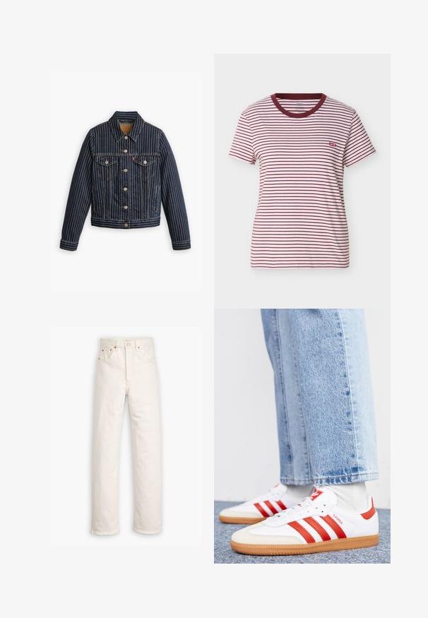 Blaue Jeansjacke mit weißen vertikalen Streifen, Knopfverschluss, zwei Brusttaschen und einem Kragen. Nähte sichtbar entlang der Säume.; Kurzärmeliges T-Shirt mit Rundhalsausschnitt, horizontalen weißen und dunkelroten Streifen und kleinem rotem Levi's-Logo auf der linken Brust.; Weiße Denim-Jeans mit geradem Bein, im Fünf-Taschen-Stil und mit kupferfarbenen Hardware-Details. Rohschnitt an den Knöcheln.; Weiße Leder Sneaker mit roten Streifen und Akzenten. Verfügt über eine strukturierte Gummi-Laufsohle und einen gepolsterten Schaft. Tragen mit hellblauer Jeans.
