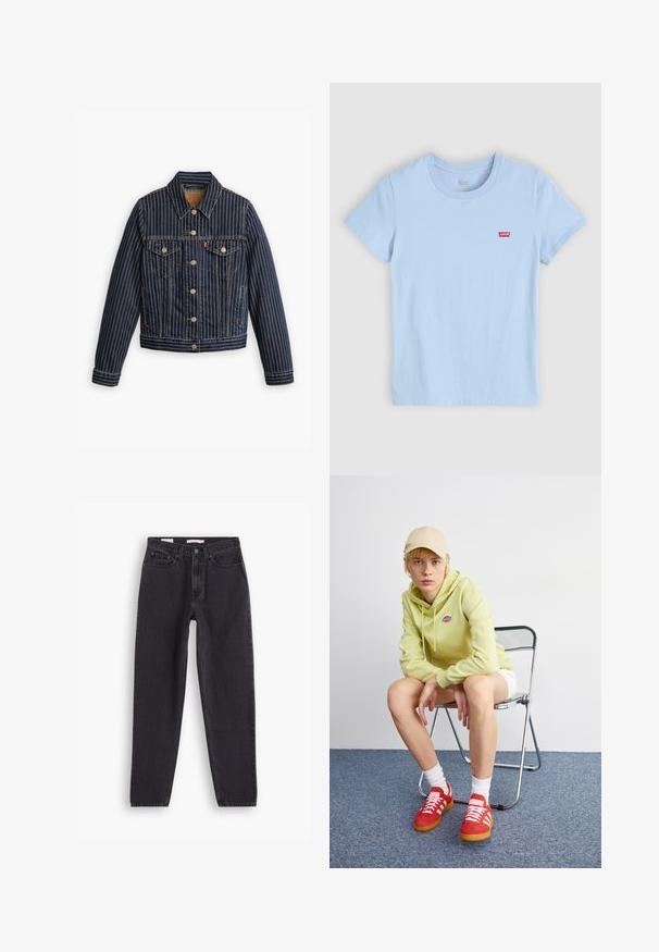 Blaue Jeansjacke mit weißen vertikalen Streifen, Knopfverschluss, zwei Brusttaschen und einem Kragen. Nähte sichtbar entlang der Säume.; Hellblaue Baumwoll-T-Shirt mit Rundhalsausschnitt und kurzen Ärmeln. Verfügt über ein kleines rotes Levi's Logo-Tag auf der linken Brust.; Schwarze Denim-Jeans mit geradem Bein, ausgestattet mit fünf Taschen, vorderer Knopfleiste und genähten Details entlang der Nähte.; Helle grüne Kapuzenjacke mit Logo, weiße Shorts, rote Sneakers mit weißen Streifen, sitzend auf einem verchromten Klappstuhl vor einem neutralen Hintergrund.