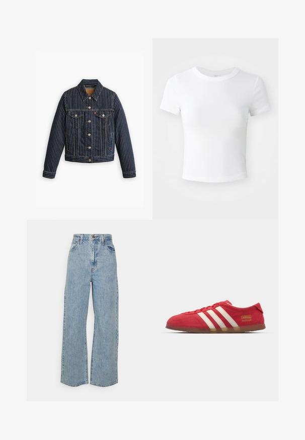 Blå denimjakke med hvide lodrette striber, knapfront, to brystlommer og en krave. Syninger synlige langs sømmene.; Simpel hvid kortærmet cropped t-shirt med rund halsudskæring, præsenteret på en neutral lys baggrund.; Lyseblå vidde denimjeans med høj talje, frontknap, lynlås og femlomme-design på ensfarvet baggrund.; Røde ruskinds sneakers med hvidt tre-stripes design, flad ydersål og guld logo detalje. Lavskåren design med afrundet tå og snørebåndslukning.