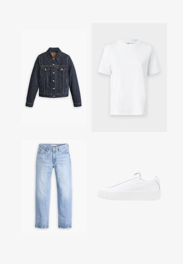 Blauwe denimjack met witte verticale strepen, knoopsluiting aan de voorkant, twee borstzakken en een kraag. Stiksels zichtbaar langs de naden.; Witte katoenen T-shirt met ronde hals, korte mouwen en een gladde textuur. Ontworpen met een comfortabele en veelzijdige relaxte pasvorm.; Lichtblauwe denim jeans met een rechte pijp, vijf zakken en een middelhoge taille. Heeft een vervaagde textuur en een gestikte zoom.; Witte platte sneakers met leren bovenzijde, ronde neus en vetersluiting. Voorzien van zijperforaties en subtiele branding op de hak.