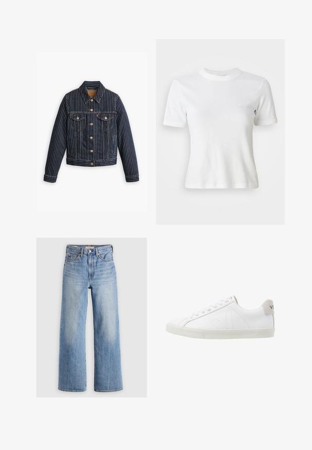 Blaue Jeansjacke mit weißen vertikalen Streifen, Knopfverschluss, zwei Brusttaschen und einem Kragen. Nähte sichtbar entlang der Säume.; Weiße, gerippte Kurzarm-T-Shirt mit Rundhalsausschnitt und kleinem Logo auf der Brust. Aus weichem Stoff gefertigt mit taillierter Passform.; Helleblaue Jeans mit weitem Bein und hoher Taille, mit ausgewaschenen Stellen, fünf Taschen und Kontrastnähten. Klassische Knopf- und Reißverschlussöffnung.; Weiße Ledersneaker mit einer strukturierten, cremefarbenen Gummisohle. Zu den Merkmalen gehören Schnürsenkel, dezente Nähte und ein grauer Wildleder-Hackeneinsatz.