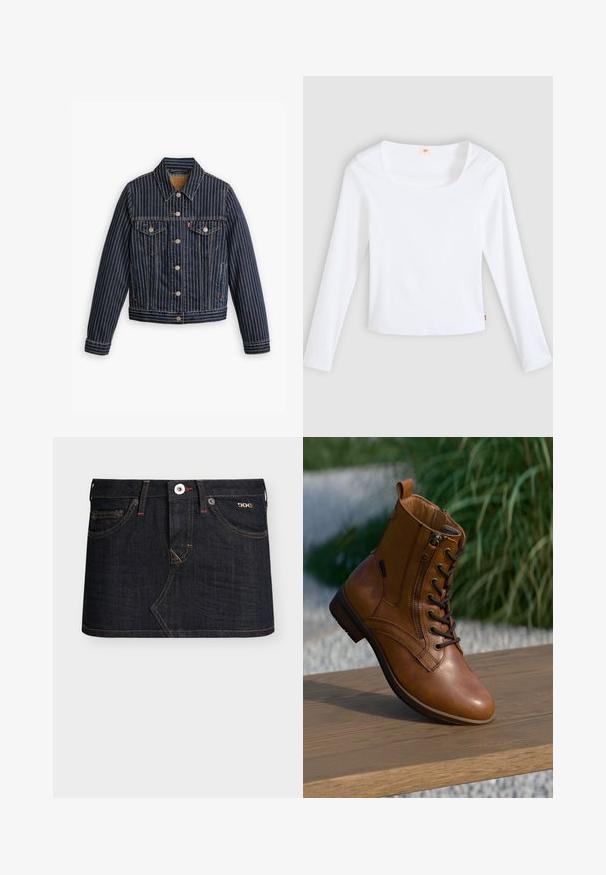 Blaue Jeansjacke mit weißen vertikalen Streifen, Knopfverschluss, zwei Brusttaschen und einem Kragen. Nähte sichtbar entlang der Säume.; Weißes Langarm-T-Shirt aus Rippstoff mit quadratischem Ausschnitt und figurbetontem Schnitt, mit einem kleinen Logobändchen an der Seite.; Dunkler Denim-Minirock mit vorderer Knopfleiste, Reißverschluss, Gürtelschlaufen und zwei Fronttaschen, mit kontrastierenden Nähten und BDG-Logo auf der rechten Tasche.; Brauner Leder-Stiefelette mit seitlichem Reißverschluss und Schnürsenkeln, auf einer Holzoberfläche im Freien platziert, mit unscharfem Grün im Hintergrund.