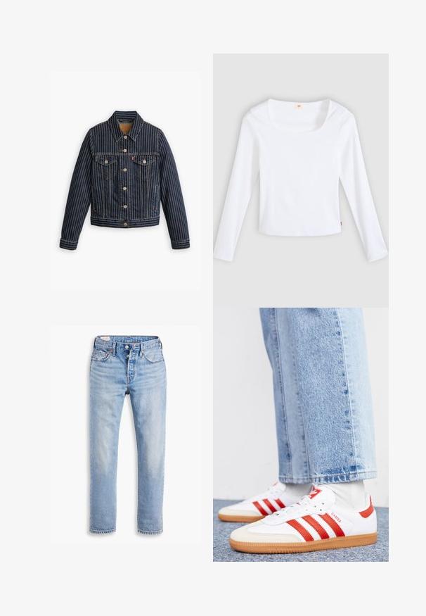 Blaue Jeansjacke mit weißen vertikalen Streifen, Knopfverschluss, zwei Brusttaschen und einem Kragen. Nähte sichtbar entlang der Säume.; Weißes Langarm-T-Shirt aus Rippstoff mit quadratischem Ausschnitt und figurbetontem Schnitt, mit einem kleinen Logobändchen an der Seite.; Helles blaues Jeans mit geradem Schnitt, zwei vorderen Taschen und einem Knopfverschluss. Mit einer verwaschenen Textur und leichtem Verblassen in der Nähe der Knie.; Weiße Leder Sneaker mit roten Streifen und Akzenten. Verfügt über eine strukturierte Gummi-Laufsohle und einen gepolsterten Schaft. Tragen mit hellblauer Jeans.
