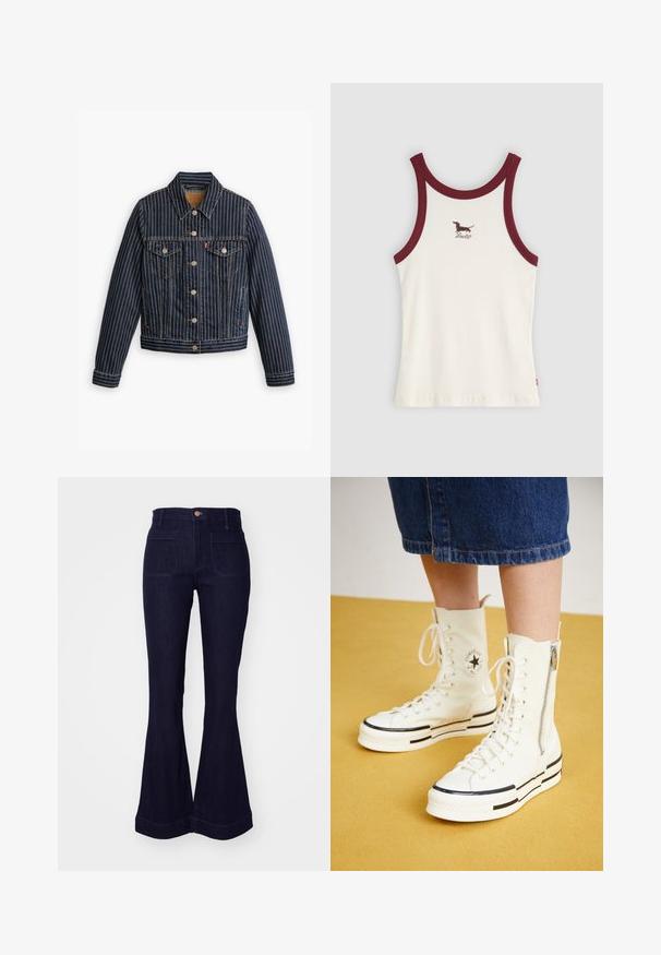 Veste en denim bleu avec des rayures verticales blanches, fermé par des boutons, deux poches poitrine et un col. Couture visible le long des coutures.; Débardeur blanc côtelé sans manches avec bordure rouge foncé et petit teckel brodé ainsi que le logo Levi's sur la poitrine.; Jean en denim bleu foncé taille haute avec poches plaquées à l'avant et jambes évasées larges, bouton et passants de ceinture à la taille.; Baskets montantes blanches avec une fermeture éclair, un design à lacets et des accents de rayures noires sur une semelle épaisse. Matériau en toile texturée.