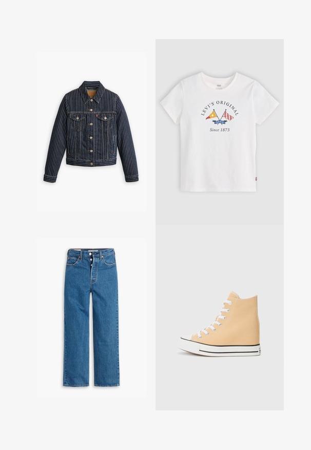 Veste en denim bleu avec des rayures verticales blanches, fermé par des boutons, deux poches poitrine et un col. Couture visible le long des coutures.; T-shirt blanc à manches courtes Levi's avec des drapeaux jaunes et rouges croisés et le texte "Levi's Original Since 1873" au centre devant.; Jeans en denim bleu à jambe droite avec une taille haute, design à cinq poches et zip à bouton. Couture visible et rivets en ton cuivre.; Baskets montantes en toile pêche clair, avec lacets blancs, semelle en caoutchouc noire et capuchon classique. Présente des accents cousus et un col côtelé.