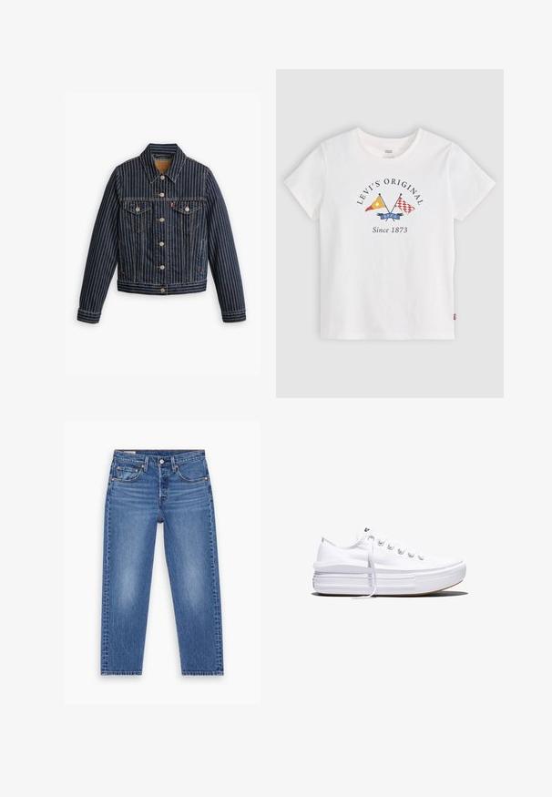 Blå denimjakke med hvide lodrette striber, knapfront, to brystlommer og en krave. Syninger synlige langs sømmene.; Hvid Levi's T-shirt med korte ærmer med korsede gule og røde flag og teksten "Levi's Original Since 1873" på frontens midte.; Blå højtaljede lige ben jeans med frontknap, lynlås og fem-lomme design, vist fladt på en hvid baggrund.; Hvid lavt snørestøvle med tyk plateau-sål, snørelukning foran og gummiforstærket tåkap, set i sideprofil.