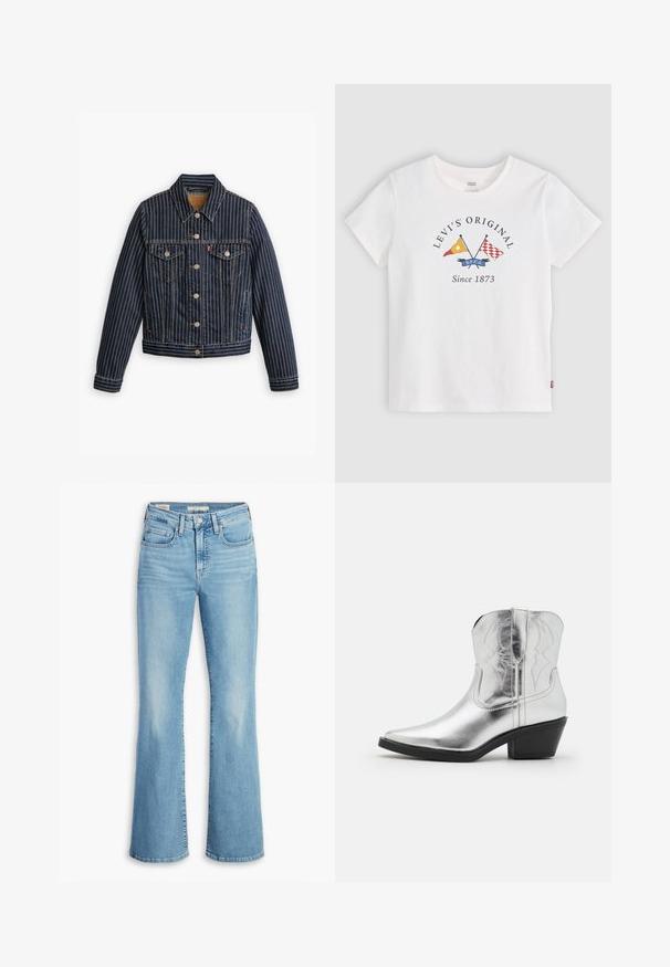 Blauwe denimjack met witte verticale strepen, knoopsluiting aan de voorkant, twee borstzakken en een kraag. Stiksels zichtbaar langs de naden.; Wit Levi's T-shirt met korte mouwen, gekruiste gele en rode vlaggen en tekst "Levi's Original Since 1873" voor midden.; Lichtblauwe denim flared jeans met een hoge taille, vijf zakken, subtiele kreukjes en een klassieke gestikte zoom. Soepele textuur, casual ontwerp.; Zilveren leren cowboylaarzen met een spitse neus, gestikte details op de schacht en een gematigde zwarte hak. Gladde en glanzende oppervlakte.