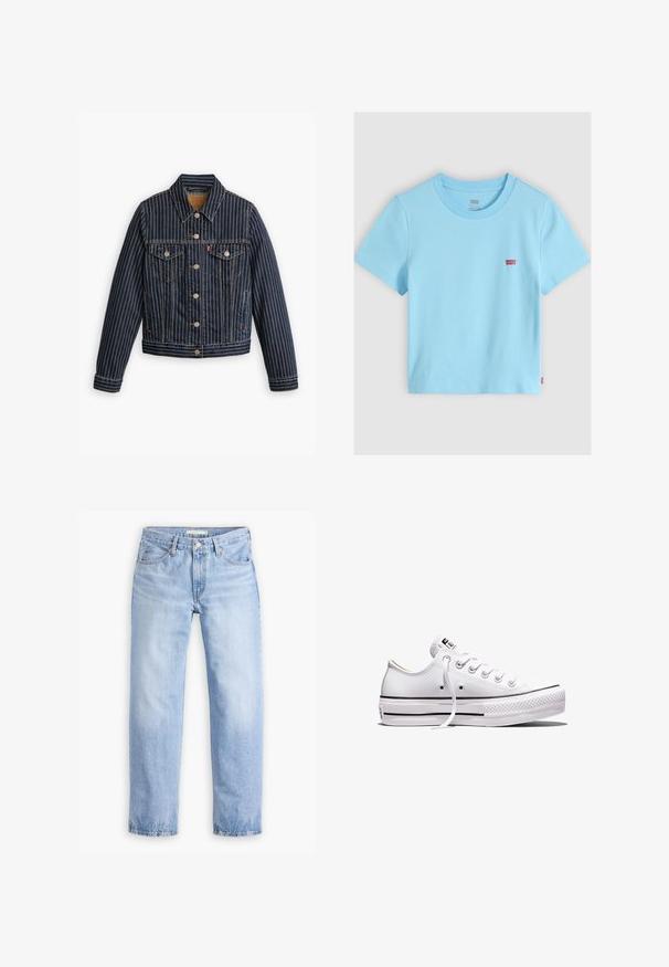Blå denimjakke med hvide lodrette striber, knapfront, to brystlommer og en krave. Syninger synlige langs sømmene.; Lyseblå Levi's T-shirt med korte ærmer, rund halsudskæring og lille rødt Levi's logo på venstre bryst mod en ensfarvet baggrund.; Lyseblå denimjeans med en lige ben-design, fem lommer og en mellemhøj talje. Har en falmet struktur og håndsyet kant.; Lavtop hvid lærredsneaker med hvide snørebånd, gummisål, sorte stribedetaljer og logo-patch på tungen og hælen.
