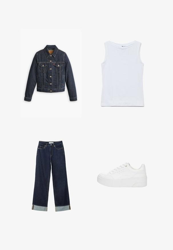Blaue Jeansjacke mit weißen vertikalen Streifen, Knopfverschluss, zwei Brusttaschen und einem Kragen. Nähte sichtbar entlang der Säume.; Ärmelloses weißes Baumwolltop mit weitem Rundhalsausschnitt und geradem Saum, flach auf weißem Hintergrund gezeigt.; Dunkelblaue, weit geschnittene Jeans mit hoher Taille, ausgestattet mit aufgerollten Säumen, Kontrastnähten und einem Fünf-Taschen-Design. Hergestellt aus Denim-Stoff.; Weißer Plateau-Sneaker mit Schnürung vorne, perforierten Seitendetails und dicker Sohle, von der Außenseite vor weißem Hintergrund gezeigt.