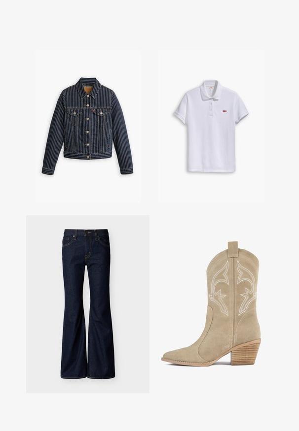 Veste en denim bleu avec des rayures verticales blanches, fermé par des boutons, deux poches poitrine et un col. Couture visible le long des coutures.; Polo shirt blanc en coton, avec un col classique, une patte de boutonnage à trois boutons et un petit logo rouge Levi's sur la poitrine gauche.; Jean en denim bleu foncé avec jambes évasées, fermeture avant par bouton et zip, et design à cinq poches avec surpiqûres contrastantes.; Botte de cowboy en daim beige avec bout pointu, couture décorative blanche, tige haute et talon en bois empilé.