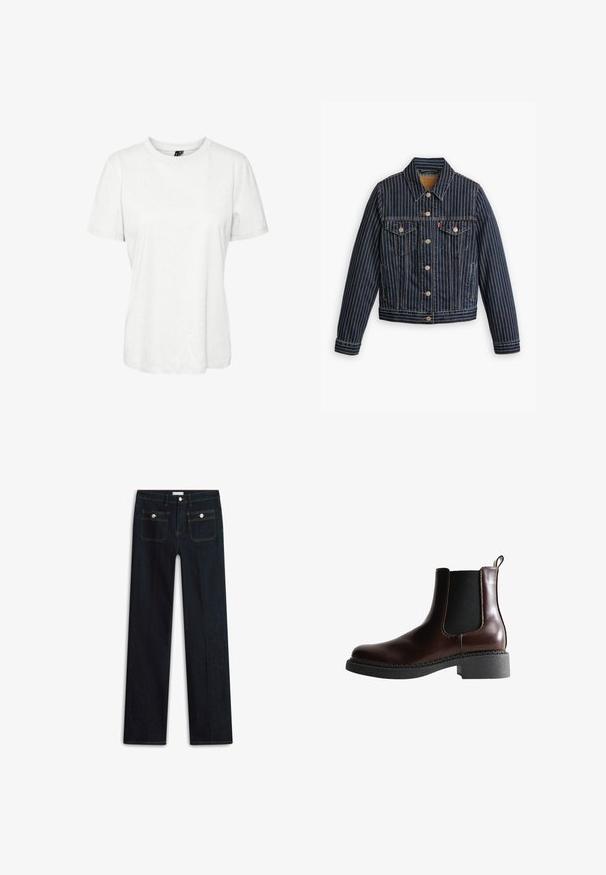Blå denimjakke med hvide lodrette striber, knapfront, to brystlommer og en krave. Syninger synlige langs sømmene.; Hvid kortærmet t-shirt lavet af bomuld med rund halsudskæring og afslappet pasform. Glat tekstur og ingen synlige mønstre eller dekorationer.; Mørkeblå denimjeans med lige ben, der har to forlommer og synlige syningsdetaljer. Ingen synlige slidmærker.; Brune læder ankelstøvle med elastiske sidepaneler, rund tå og en struktureret sort gummisål. Har kontrasterende syninger og en trækflap.