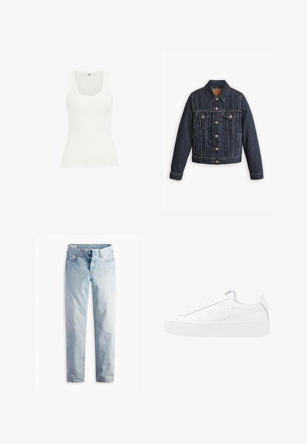 Blå denimjakke med hvide lodrette striber, knapfront, to brystlommer og en krave. Syninger synlige langs sømmene.; Hvid ribbet tanktop med rund halsudskæring og brede stropper. Stoffet ser strækbart og tætsiddende ud, velegnet til lag-på-lag eller afslappet brug.; Lyseblå denimjeans med lige ben, fem lommer og metal-knapper i en standard livvidde.; Hvide platform sneakers med overdel i læder, rund tå og snørelukning. Har sidelufthuller og diskret branding på hælen.