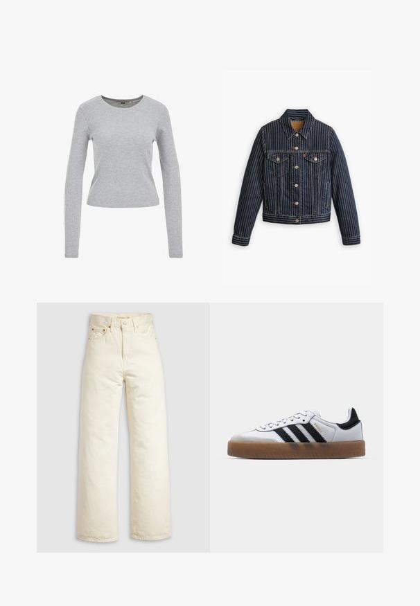 Blauwe denimjack met witte verticale strepen, knoopsluiting aan de voorkant, twee borstzakken en een kraag. Stiksels zichtbaar langs de naden.; Grijze langwerpige shirt met lange mouwen, gemaakt van een gestructureerde katoenen mix, met een ronde halslijn en een aangesloten pasvorm. Geen zichtbare patronen of versieringen.; Wijde jeans van off-white denim, met een hoge taille, koperen klinknagels en een klassiek ontwerp met vijf zakken. Gestructureerde stof met nette zomen.; Witte leren sneakers met zwarte strepen, gumrubberen buitenzool, ronde neus, vetersluiting en een zachte grijze suède neuskap.