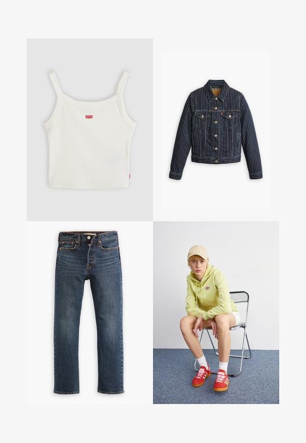 Veste en denim bleu avec des rayures verticales blanches, fermé par des boutons, deux poches poitrine et un col. Couture visible le long des coutures.; Crop top blanc côtelé avec fines bretelles et petit logo Levi's rouge au centre devant et sur la couture latérale.; Jean en denim bleu foncé avec une coupe droite. Comprend des poches avant, une braguette à boutons et des surpiqûres visibles. Texture usée.; Un sweat à capuche vert clair avec logo, un short blanc, des baskets rouges avec rayures blanches, assis sur une chaise pliante en chrome contre un fond neutre.