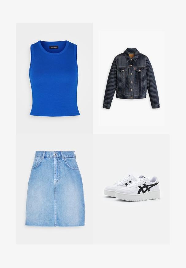 Blå denimjakke med hvide lodrette striber, knapfront, to brystlommer og en krave. Syninger synlige langs sømmene.; Royal blue ribbet top med rund halsudskæring og brede skulderstropper. Glat tekstur uden synlige mønstre eller detaljer.; Lysblå denimnederdel med lige snit, frontknaplukning og to sidelommer. Kanten er let slidset for et afslappet look.; Hvide sneakers med en struktureret overflade, sorte sidestrek og en tyk hvid sål. Har snørebåndsdesign og logo på tungen.