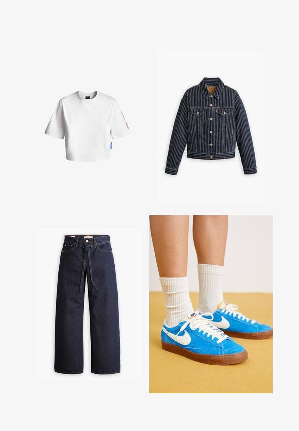 Blå denimjakke med hvide lodrette striber, knapfront, to brystlommer og en krave. Syninger synlige langs sømmene.; Hvid cropped T-shirt lavet af bomuld, med korte ærmer, en rund hals og et blåt mærke på siden. Tekst på ærmet i rød.; Bredde ben mørkeblå denim jeans med høj talje, der har snoretræk, fem lommer og kontrastsyet detaljer.; Blå ruskind Nike sneakers med hvide detaljer, flade snørebånd og brune gummisåler, parret med ribbede hvide sokker.