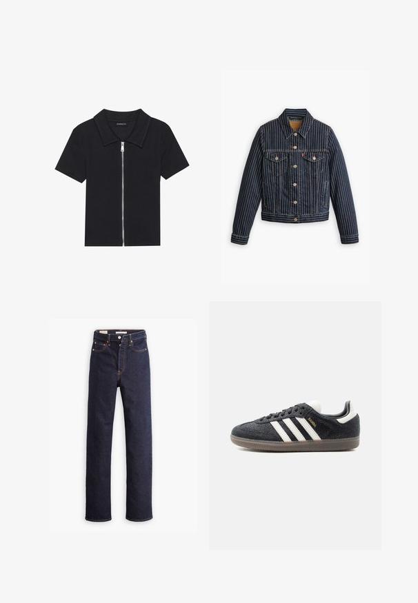 Blauwe denimjack met witte verticale strepen, knoopsluiting aan de voorkant, twee borstzakken en een kraag. Stiksels zichtbaar langs de naden.; Zwarte polo met korte mouwen en een geribbelde textuur, met een rits aan de voorkant en een puntige kraag. Eenvoudig ontwerp met minimale accenten.; Donkerblauwe straight-leg denim jeans met vijf zakken en zichtbare oranje stiksels op een witte achtergrond.; Zwarte Adidas Samba sneaker met witte strepen, gumzool en gouden "Samba" tekst aan de zijkant, gezien van links op een effen achtergrond.