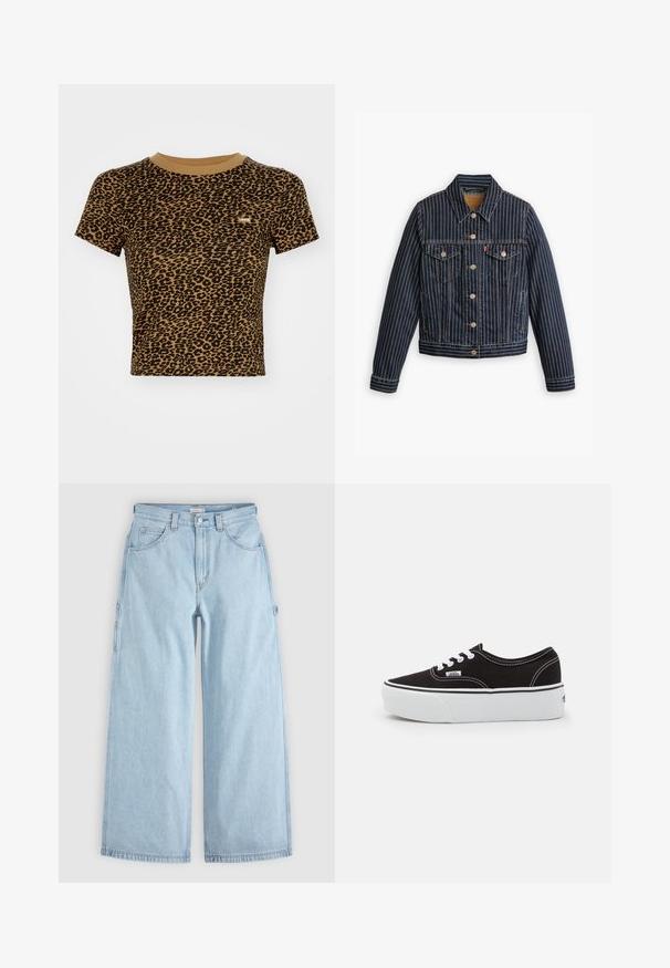 Blaue Jeansjacke mit weißen vertikalen Streifen, Knopfverschluss, zwei Brusttaschen und einem Kragen. Nähte sichtbar entlang der Säume.; Levi's® ESSENTIAL SPORTY TEE - T-Shirt print - braun; Hellblaue Jeans mit weitem Bein, vorderen Taschen, Gürtelschlaufen und seitlichen Werkzeugtaschen-Schlaufen, flach auf grauem Hintergrund liegend.; Schwarze Leinensneaker mit einer weißen Gummiplattformsohle, weißen Schnürsenkeln und Nähten, ikonischer Markenaufdruck an der Seite, im Low-Top-Design.
