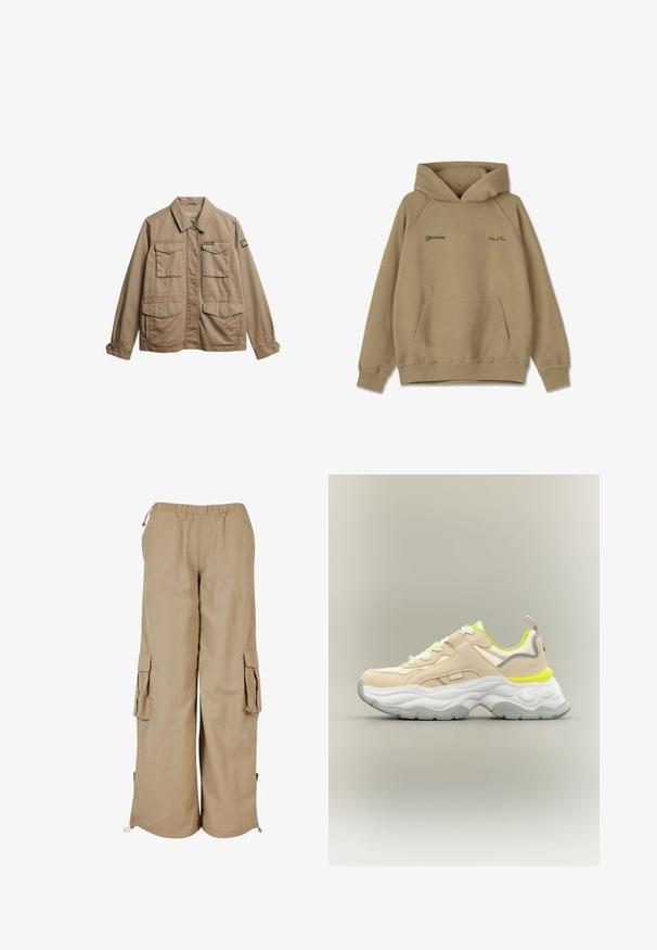 Beige canvasjakke med krave, to brystlommer og to nedre lommer. Har knapmanchetter og et mærke med logo på ærmet.; Beige hættebluse i fleece materiale, med en frontlomme, ribbede mansjetter og broderede logoer på brystet.; Beige cargo bukser med elastisk talje, to sidelommer og mesh-detaljer; fremstillet af letvægts, tekstureret stof.; Beige og hvide chunky sneakers med neon gule detaljer, tekstureret sål, snørebånd foran og trækkesnor på neutral baggrund.