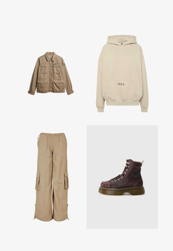 Beige canvasjakke med krave, to brystlommer og to nedre lommer. Har knapmanchetter og et mærke med logo på ærmet.; Beige hættetrøje med en forlomme, ribbede manchetter og snøre i hætten. "PECADOR PGDR" tekst trykt på lommedelen.; Beige cargo bukser med elastisk talje, to sidelommer og mesh-detaljer; fremstillet af letvægts, tekstureret stof.; Brun læder ankelstøvle med tekstureret overflade, sølv øjer og gul syning. Har en kraftig gennemsigtig sål og en trækstrop.
