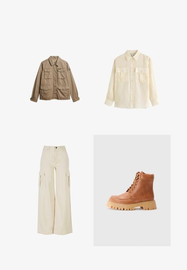 Beige canvasjakke med krave, to brystlommer og to nedre lommer. Har knapmanchetter og et mærke med logo på ærmet.; Langærmet beige skjorte med knapper, krave og to forlommer med knapper, vist på hvid baggrund.; Beige cargo bukser med vidde, lavet af bomuld, med to store sidelommer, lukning med knap foran og en ren kant.; Tan læder snørebånd ankelstøvle med polstret krave og tyk, rillede gummisål på en ensfarvet lys baggrund.