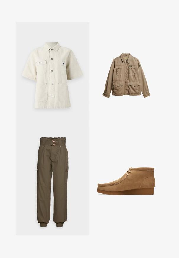 Beige canvasjakke med krave, to brystlommer og to nedre lommer. Har knapmanchetter og et mærke med logo på ærmet.; Kortærmet skjorte i lys beige stof, med spidse kraver, frontknapper, to brystlommer og et lille logomærke på venstre side.; ONLY ONLSAIGE PANT - Bukser - kalamata; Tan ruskind ankelstøvle med en rund tå, syninger langs overdelen og en tekstureret gummisål. Enkel snørelukkedesign.