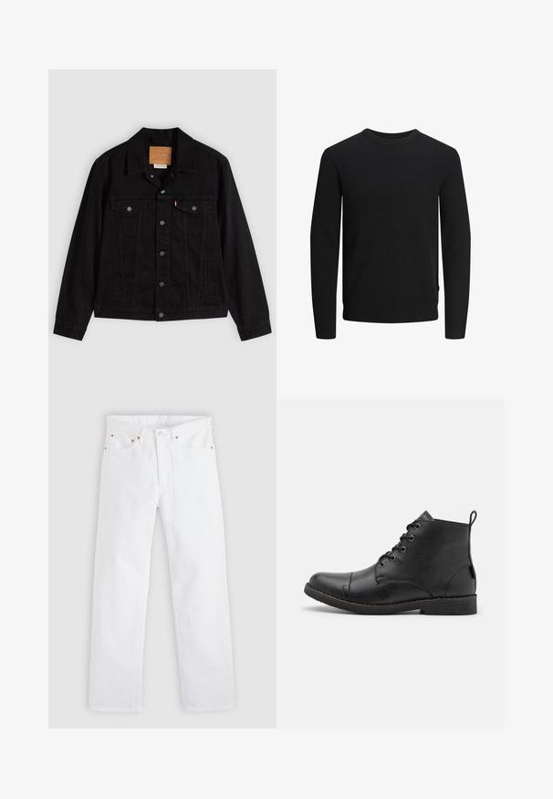 Veste en denim noir au design classique, avec un col pointu, des poches poitrine, une fermeture à cinq boutons et une étiquette de marque en cuir.; Pull en tricot côtelé noir avec des manches longues et un col rond. Présente une texture lisse et un accent sur l'ourlet latéral.; Jean blanc à jambes droites avec conception à cinq poches, fermeture par bouton et fermeture éclair, et détails en rivets de cuivre sur les poches.; Bottines en cuir noir avec une surface texturée, bout rond, six œillets pour les lacets et une petite languette à l'arrière.