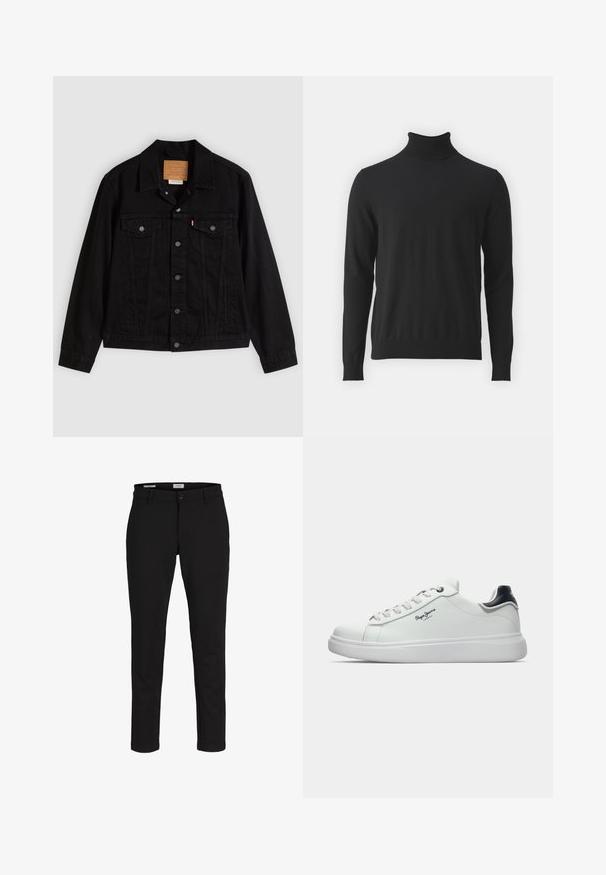 Chaqueta de mezclilla negra con un diseño clásico, que incluye cuello puntiagudo, bolsillos en el pecho, cierre de cinco botones y etiqueta de cuero de la marca.; Suéter negro de cuello alto hecho de una tela suave, con mangas largas y un cuello acanalado, con una textura lisa y un diseño ajustado.; Pantalones negros de corte entallado con presillas para cinturón, cierre frontal con botón y cremallera, exhibidos sobre un fondo blanco.; Zapatilla baja blanca con acento negro en el talón, cordones blancos y logo "Pepe Jeans London" en el lateral, mostrada de perfil sobre un fondo blanco.