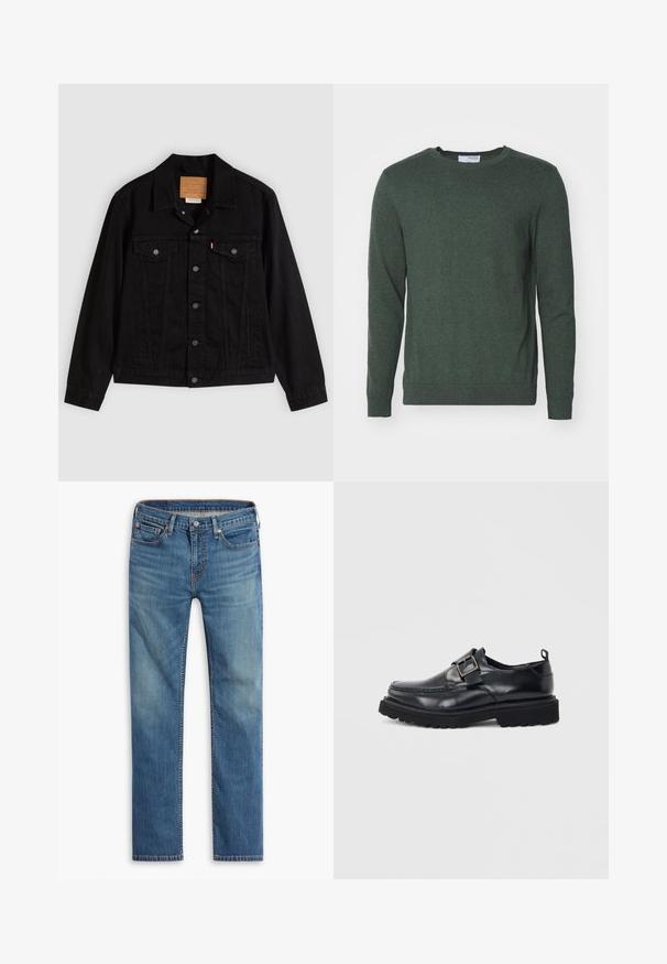 Sort denimjakke med klassisk design, der har en spids krave, brystlommer, lukning med fem knapper og et lædermærke med mærkenavn.; Grøn crew neck sweater lavet af et struktureret strikket stof. Har lange ærmer og ribbede manchetter og kant for et tætsiddende udseende.; Blå straight-leg denim jeans med frontknap og lynlåslukning, fem-lomme design og subtilt falmede områder på lår og knæ.; Sort læderloafer med tyk sål og sølvspændebånd på siden mod hvid baggrund.