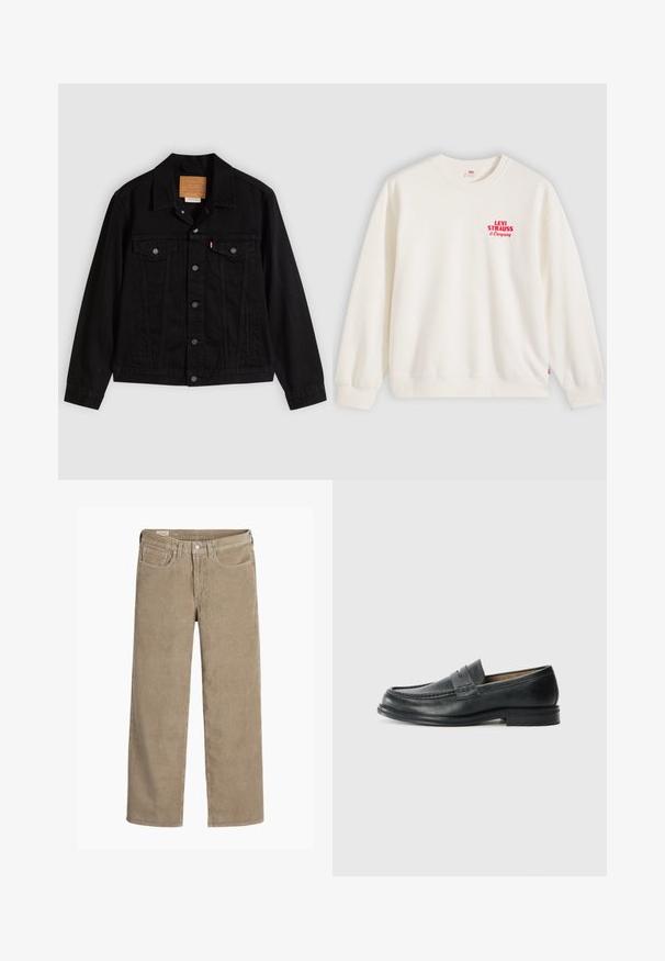 Sort denimjakke med klassisk design, der har en spids krave, brystlommer, lukning med fem knapper og et lædermærke med mærkenavn.; Hvid crewneck sweatshritt med rød "Levi Strauss & Company" tekst på øverste venstre bryst samt ribstrikkede manchetter og kant.; Lysebrune fløjlsbukser i bred ben-design, med knap- og lynlåslukning, fem lommer og en blød, ribbet tekstur.; Sorte læder loafers med et klassisk design, der har en syet detalje ved tåen og en lav, tekstureret gummisål.
