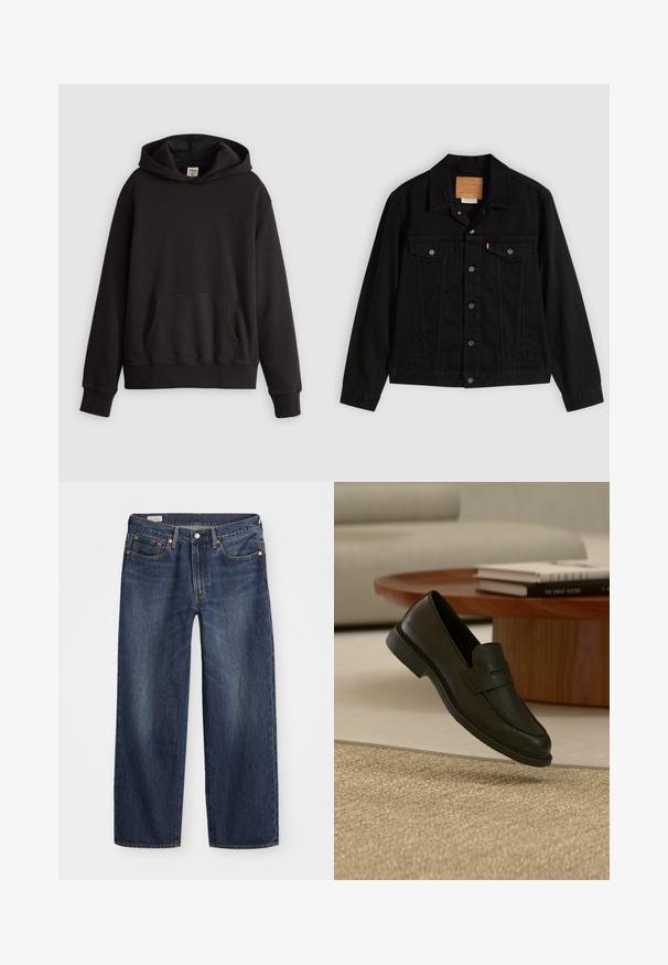 Veste en denim noir au design classique, avec un col pointu, des poches poitrine, une fermeture à cinq boutons et une étiquette de marque en cuir.; Hoodie noir Levi's avec poche kangourou à l'avant et logo discret brodé sur la poitrine, présentée sur un fond clair uni.; Jean en denim bleu foncé avec une coupe droite, design à cinq poches, bouton en métal et fermeture éclair, et motifs de décoloration légère.; Chaussure mocassin en cuir noir présentée en suspension au-dessus d'un tapis beige tissé, avec une table en bois et des livres empilés dans un salon doucement éclairé.