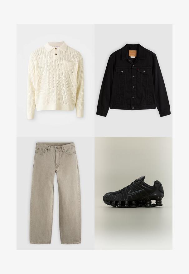 Schwarze Jeansjacke mit klassischem Design, ausgestattet mit spitzem Kragen, Brusttaschen, Fünf-Knopf-Verschluss und Leder-Label der Marke.; Hellcreme gestrickter Pullover mit strukturiertem Muster, zwei Knöpfen und einer Brusttasche. Verfügt über gerippte Bündchen und Saum.; Beige Jeans mit geradem Bein aus Denim, mit Vordertaschen, Gürtelschlaufen, Knopfverschluss und sichtbaren Nähten auf einem einfarbigen hellen Hintergrund.; Schwarzer Nike Laufschuh mit federartiger segmentierter Sohle, Mesh-Obermaterial und passendem schwarzem Swoosh-Logo an der Seite.