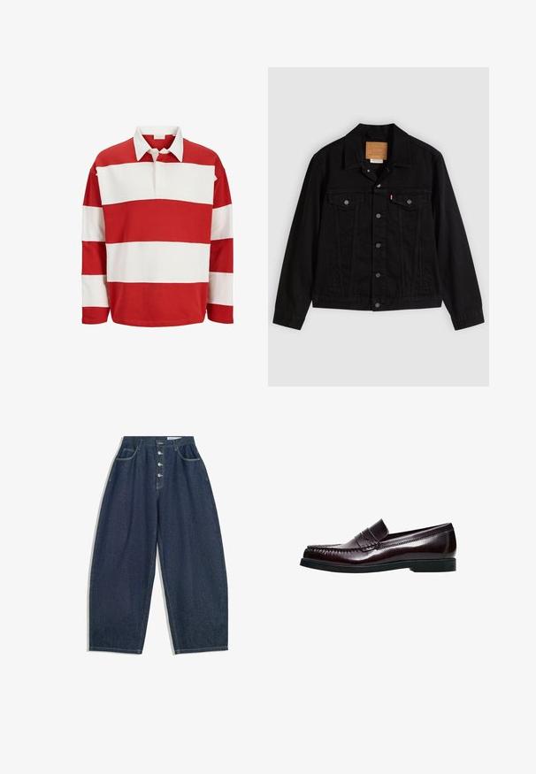 Veste en denim noir au design classique, avec un col pointu, des poches poitrine, une fermeture à cinq boutons et une étiquette de marque en cuir.; Maillot de rugby à manches longues avec larges rayures horizontales rouges et blanches et col blanc, patte de boutonnage avant partiellement ouverte.; Pantalons en denim bleu foncé à jambes larges avec une taille haute, fermeture à cinq boutons et cinq poches. Présente des accents de couture sur les coutures.; Mocassins en cuir bordeaux foncé avec un détail cousu et une bride décorative. Semelle plate en caoutchouc noir. Surface lisse et polie.