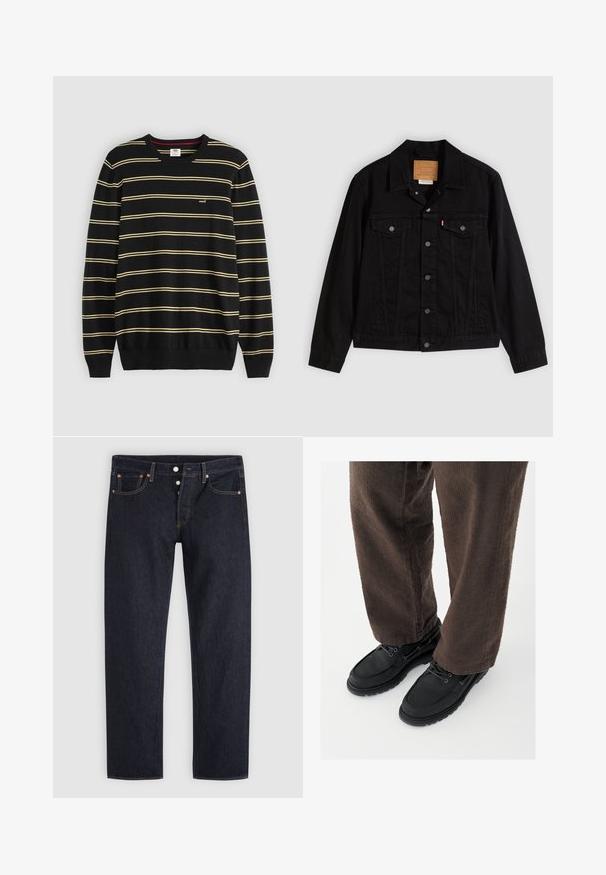 Sort denimjakke med klassisk design, der har en spids krave, brystlommer, lukning med fem knapper og et lædermærke med mærkenavn.; Sort sweater med vandrette gule striber, ribbet rund halsudskæring og manchetter; lille logo på venstre bryst.; Mørkeblå straight-leg jeans med knaplukning, for- og baglommer samt kobbernitter på en lysegrå baggrund.; Sorte lædersko med glat finish, rundet tå og snøredesign, kombineret med teksturerede brune bukser. Set fra gulvniveau.