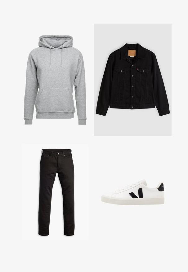 Zwarte spijkerjack met een klassiek ontwerp, voorzien van een puntkraag, borstzakken, vijf knopen aan de voorkant en een leren merkembleem.; Grijze hoodie van zacht katoen, met een voorzak, verstelbare koordjes en ribbelboorden aan de mouwen en onderkant.; Zwarte denimjeans met een rechte pasvorm, zijzakken en een knoopsluiting. De stof heeft een soepele textuur en minimale details.; Witte leren sneaker met zwarte suède accenten; voorzien van een rubberen zool, ronde neus en een klassieke vetersluiting. Zijkant met logo in het zwart.