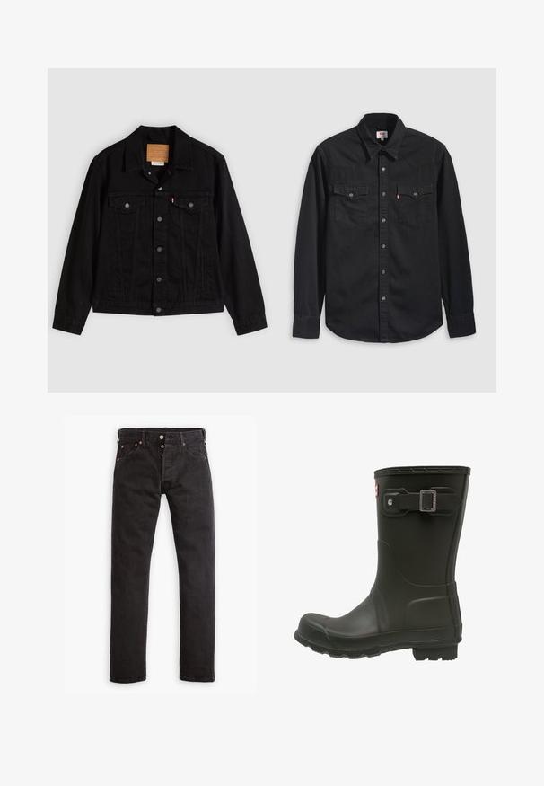 Zwarte spijkerjack met een klassiek ontwerp, voorzien van een puntkraag, borstzakken, vijf knopen aan de voorkant en een leren merkembleem.; Zwart denim shirt met een knoopsluiting aan de voorkant, twee borstzakken en een puntige kraag met zichtbare stikselaccenten.; Zwarte slim-fit jeans met knoopsluiting, vijf zakken en koperen klinknagels, plat gelegd op een witte achtergrond.; Zwarte rubberen regenlaars met een ronde neus, een gespband aan de bovenkant en een geprofileerde buitenzool voor grip.