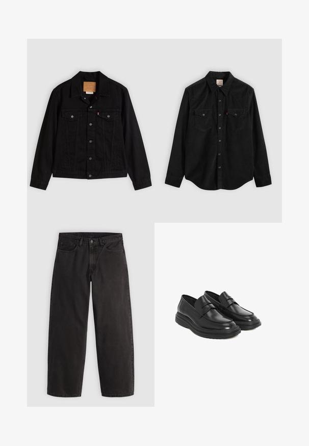 Sort denimjakke med klassisk design, der har en spids krave, brystlommer, lukning med fem knapper og et lædermærke med mærkenavn.; Sort corduroy-skjorte med lange ærmer, knaplukning, to brystlommer og en spids krave. Tekstureret stof med en glat finish.; Sorte denimjeans med lige ben, fem lommer og bæltestropper, vist fladt på en ensartet lys baggrund.; Sorte læder loafers med en rund tå, syet detaljer og en platform gummisål. Har en dekorativ rem tværs over vamps.