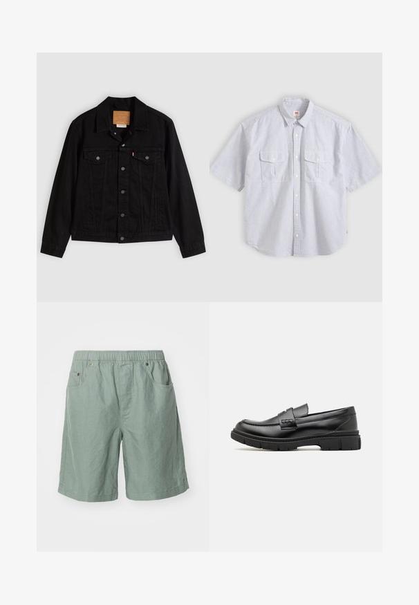 Chaqueta de mezclilla negra con un diseño clásico, que incluye cuello puntiagudo, bolsillos en el pecho, cierre de cinco botones y etiqueta de cuero de la marca.; Camisa de manga corta con rayas verticales en gris claro y blanco, con botones al frente, dos bolsillos con solapa delanteros y cuello clásico.; Pantalones cortos de color verde claro hechos de tela texturizada con una cinturilla elástica, que cuentan con dos bolsillos laterales y detalles de costura mínimos.; Mocasin de cuero negro con una cinta ancha en el empeine, suela de goma con tacos gruesos y textura suave. Diseño clásico y elegante.