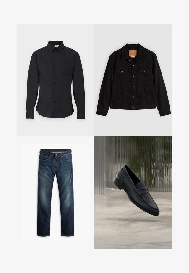 Zwarte spijkerjack met een klassiek ontwerp, voorzien van een puntkraag, borstzakken, vijf knopen aan de voorkant en een leren merkembleem.; Zwarte blouse met lange mouwen, knoopsluiting, kraag, knoopmanchetten en een klein logo aan de linkerkant van de borst, tentoongesteld op een vlakke ondergrond.; Donkerblauwe denim jeans met lichte vervaging op de dijen, vijf-pocket ontwerp, knoopsluiting en zichtbare oranje stiksels op een witte achtergrond.; Zwarte leren loafer met een gladde afwerking, puntige neus en gestikte details over de wreef. Lage hak en minimalistisch ontwerp.