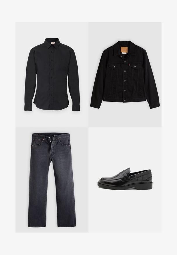 Zwarte spijkerjack met een klassiek ontwerp, voorzien van een puntkraag, borstzakken, vijf knopen aan de voorkant en een leren merkembleem.; Zwarte blouse met lange mouwen, knoopsluiting, kraag, knoopmanchetten en een klein logo aan de linkerkant van de borst, tentoongesteld op een vlakke ondergrond.; Zwarte spijkerbroeken met een rechte pasvorm, ontwerp met vijf zakken en koperen knoopaccenten. Gladde textuur met een licht vervaagde afwerking.; Zwarte leren instappers met een gladde afwerking, ronde neus, lage hak en decoratieve stiksels aan de voorkant. Rubberen buitenzool voor grip.