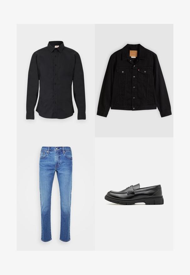Schwarze Jeansjacke mit klassischem Design, ausgestattet mit spitzem Kragen, Brusttaschen, Fünf-Knopf-Verschluss und Leder-Label der Marke.; Schwarzes, langärmeliges Hemd zum Knöpfen mit Kragen, geknöpften Manschetten und einem kleinen Logo auf der linken Brustseite, auf einer flachen Oberfläche dargestellt.; Hellblaue Jeans aus Denim mit geradem Beinschnitt, Fünf-Taschen-Design und Kupfernieten. Der Stoff hat eine leichte Textur mit Ausbleichungen.; Schwarze Lederloafer mit einem breiten Riemen über dem Rist, Gummisohle mit dicken Profilen und glatter Textur. Klassisches, schlankes Design.