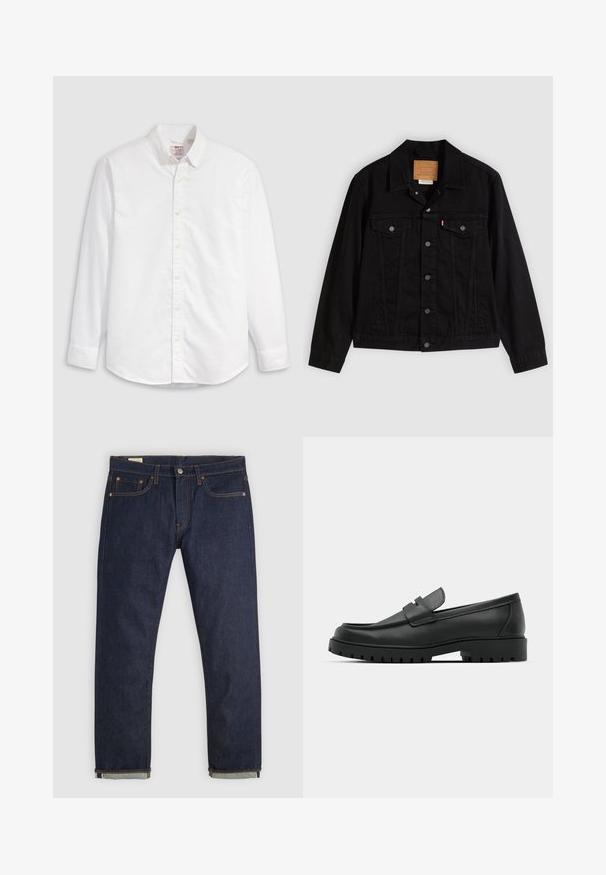 Veste en denim noir au design classique, avec un col pointu, des poches poitrine, une fermeture à cinq boutons et une étiquette de marque en cuir.; Chemise blanche à boutons en coton avec manches longues, col classique et ourlet arrondi. Dotée de boutons jaunes et d'un branding discret.; Jean en denim bleu foncé à coupe droite avec revers roulés, design cinq poches, rivets en cuivre et fermeture par bouton sur fond uni.; Mocassins en cuir noir à bout arrondi, avec un design cousu, une semelle plateforme basse et une semelle en caoutchouc texturée et crantée.