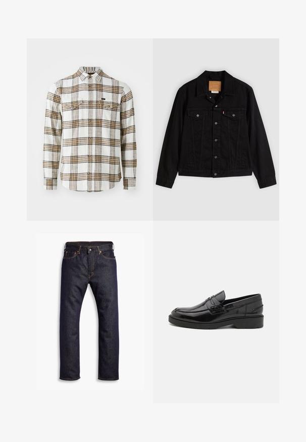 Sort denimjakke med klassisk design, der har en spids krave, brystlommer, lukning med fem knapper og et lædermærke med mærkenavn.; Lee CLEAN WESTERN - Skjorter - ecru ochre plaid; Mørkeblå lige ben denim jeans med fem lommer og orange kontrastsyning, lagt fladt ud mod hvid baggrund.; Sorte læder loafers med en glat finish, rund tå, lav hæl og dekorativ syning langs forsiden. Gummisål for godt greb.
